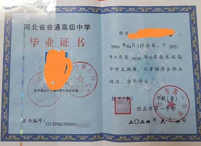 攀枝花任丘市第一中学高中毕业证样本图片